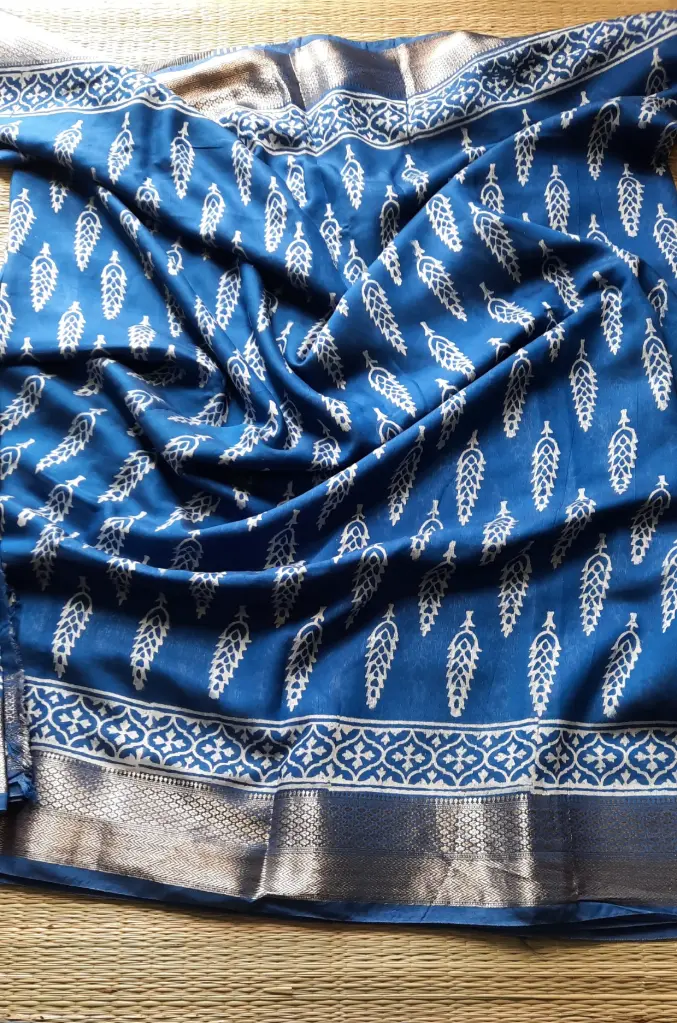 Maheshwari Jaipur Hand Block Si-Co Saree(Blue)