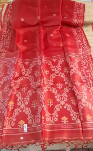 Pure Gachi Tussar Jamdani Saree (Rusty Red)