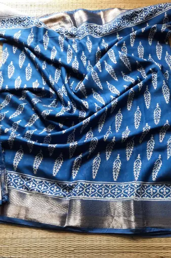Maheshwari Jaipur Hand Block Si-Co Saree(Blue)